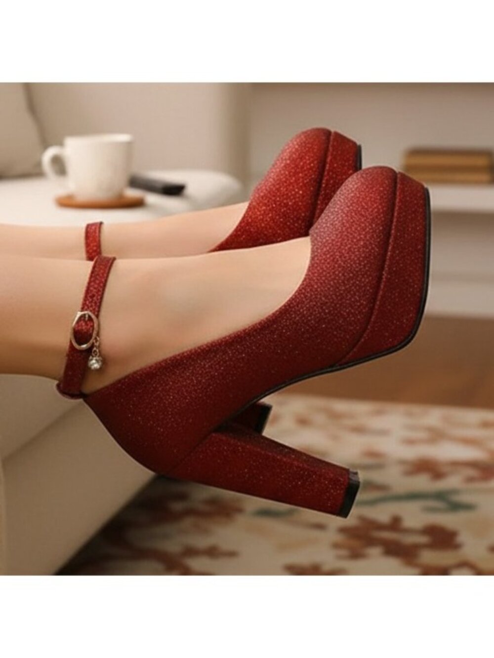 Rhinestone Ankle Sparking Glitter Platform Heel Round Toe Ankle Strap Block Pump